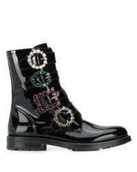 Stivali piatti stringati in pelle decorati neri di Dolce & Gabbana
