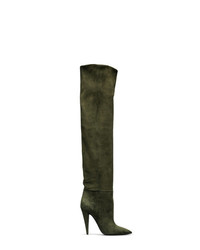 Stivali sopra il ginocchio in pelle scamosciata verde oliva di Saint Laurent