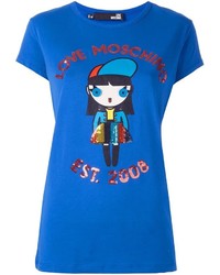 T-shirt con paillettes decorata blu di Love Moschino