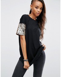 T-shirt con paillettes leopardata nera