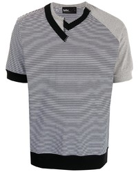 T-shirt con scollo a v a righe orizzontali bianca e blu scuro di Kolor
