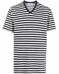 T-shirt con scollo a v a righe orizzontali bianca e blu scuro di Orlebar Brown