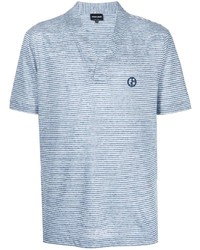 T-shirt con scollo a v a righe orizzontali bianca e blu di Giorgio Armani