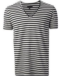 T-shirt con scollo a v a righe orizzontali bianca e nera di Les Hommes