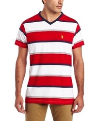 T-shirt con scollo a v a righe orizzontali bianca e rossa