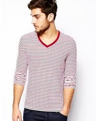 T-shirt con scollo a v a righe orizzontali bianca e rossa di Asos