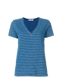 T-shirt con scollo a v a righe orizzontali blu