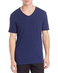 T-shirt con scollo a v a righe orizzontali blu scuro