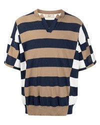 T-shirt con scollo a v a righe orizzontali marrone chiaro di Maison Flaneur