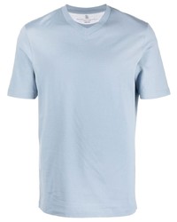 T-shirt con scollo a v azzurra di Brunello Cucinelli