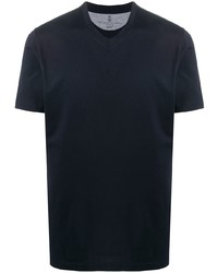 T-shirt con scollo a v blu scuro di Brunello Cucinelli