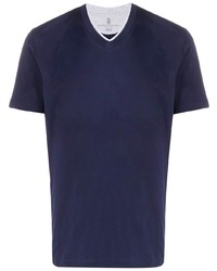 T-shirt con scollo a v blu scuro di Brunello Cucinelli