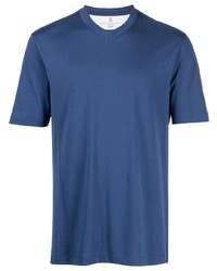 T-shirt con scollo a v blu di Brunello Cucinelli