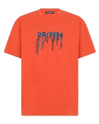 T-shirt con scollo a v ricamata arancione di Dolce & Gabbana