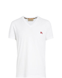 T-shirt con scollo a v ricamata bianca di Burberry