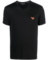 T-shirt con scollo a v ricamata nera di Emporio Armani