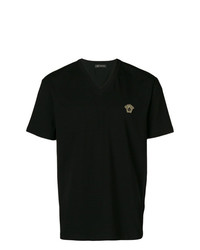 T-shirt con scollo a v ricamata nera di Versace