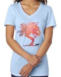 T-shirt con scollo a v stampata azzurra