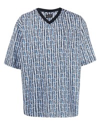 T-shirt con scollo a v stampata azzurra di Giorgio Armani