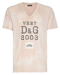 T-shirt con scollo a v stampata beige di Dolce & Gabbana