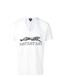 T-shirt con scollo a v stampata bianca e nera di Just Cavalli