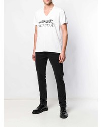 T-shirt con scollo a v stampata bianca e nera di Just Cavalli