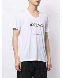 T-shirt con scollo a v stampata bianca e nera di Emporio Armani