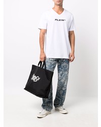 T-shirt con scollo a v stampata bianca e nera di Philipp Plein