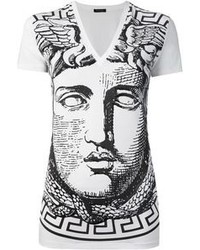 T-shirt con scollo a v stampata bianca e nera di Versace