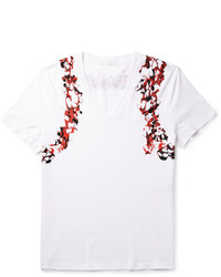 T-shirt con scollo a v stampata bianca e rossa