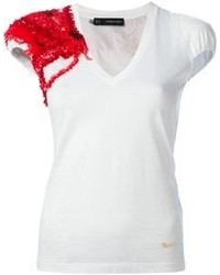 T-shirt con scollo a v stampata bianca e rossa