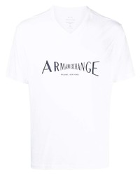 T-shirt con scollo a v stampata bianca di Armani Exchange