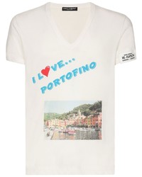 T-shirt con scollo a v stampata bianca di Dolce & Gabbana