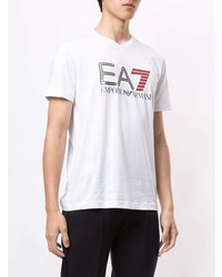 T-shirt con scollo a v stampata bianca di Ea7 Emporio Armani