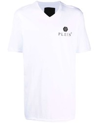 T-shirt con scollo a v stampata bianca di Philipp Plein