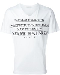 T-shirt con scollo a v stampata bianca di Pierre Balmain