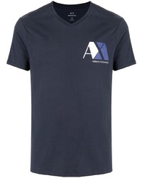 T-shirt con scollo a v stampata blu scuro di Armani Exchange