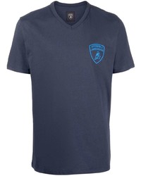 T-shirt con scollo a v stampata blu scuro di Automobili Lamborghini