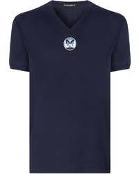 T-shirt con scollo a v stampata blu scuro di Dolce & Gabbana