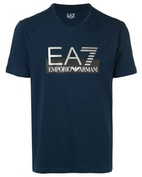 T-shirt con scollo a v stampata blu scuro di Ea7 Emporio Armani