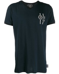 T-shirt con scollo a v stampata blu scuro di Philipp Plein
