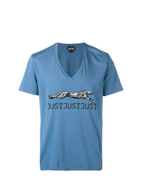 T-shirt con scollo a v stampata blu di Just Cavalli
