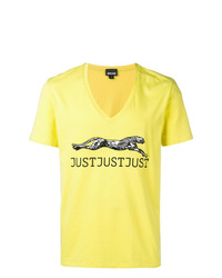 T-shirt con scollo a v stampata gialla di Just Cavalli