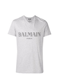 T-shirt con scollo a v stampata grigia di Balmain
