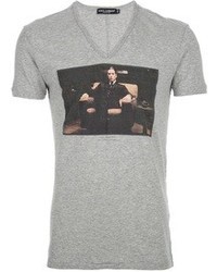 T-shirt con scollo a v stampata grigia di Dolce & Gabbana