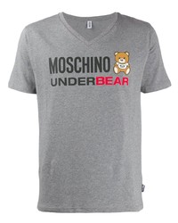 T-shirt con scollo a v stampata grigia di Moschino