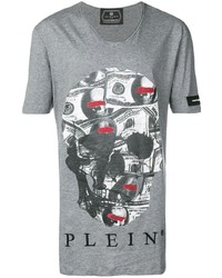 T-shirt con scollo a v stampata grigia di Philipp Plein