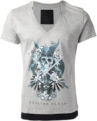 T-shirt con scollo a v stampata grigia di Philipp Plein