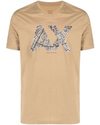 T-shirt con scollo a v stampata marrone chiaro di Armani Exchange