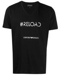 T-shirt con scollo a v stampata nera e bianca di Emporio Armani